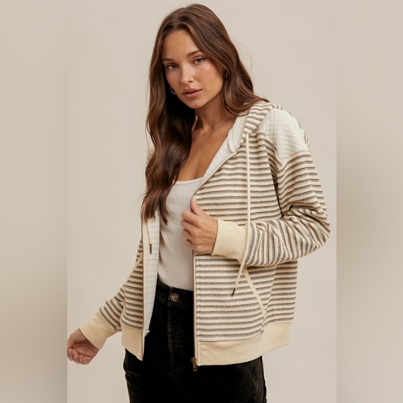 Hem & Thread Jackets & Blazers - Hem & Thread Striped Utility Jacket in Cream and Brown